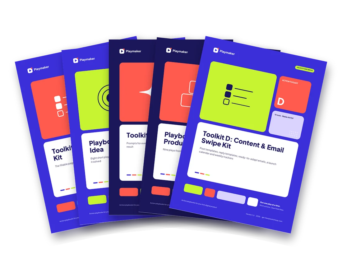Covers of five Playmaker files: Toolkit A, Playbook 1, Toolkit E, Playbook 2 and Toolkit D